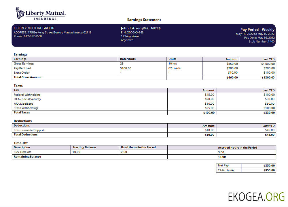 Modèle de relevé de revenus d'une compagnie d'assurance américaine au format Word et PDF, version 2